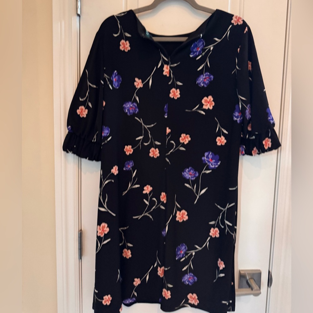 Lauren Ralph Lauren Dark Floral Shift Dress 14P 3/4 Ruffle Sleeve Modest Party - Picture 7 of 12